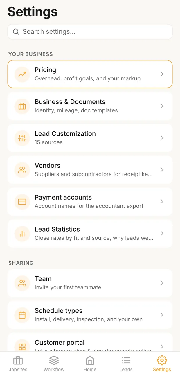 Settings, Your business