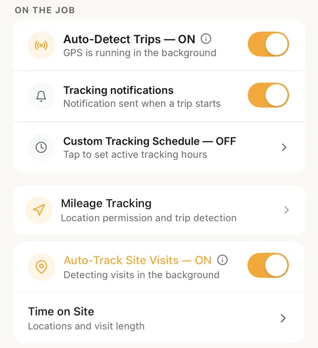Settings, On the job, both trackers on