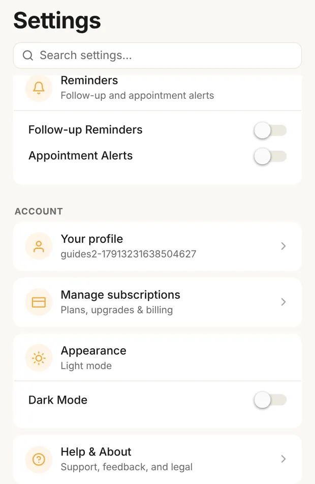 Settings, Account