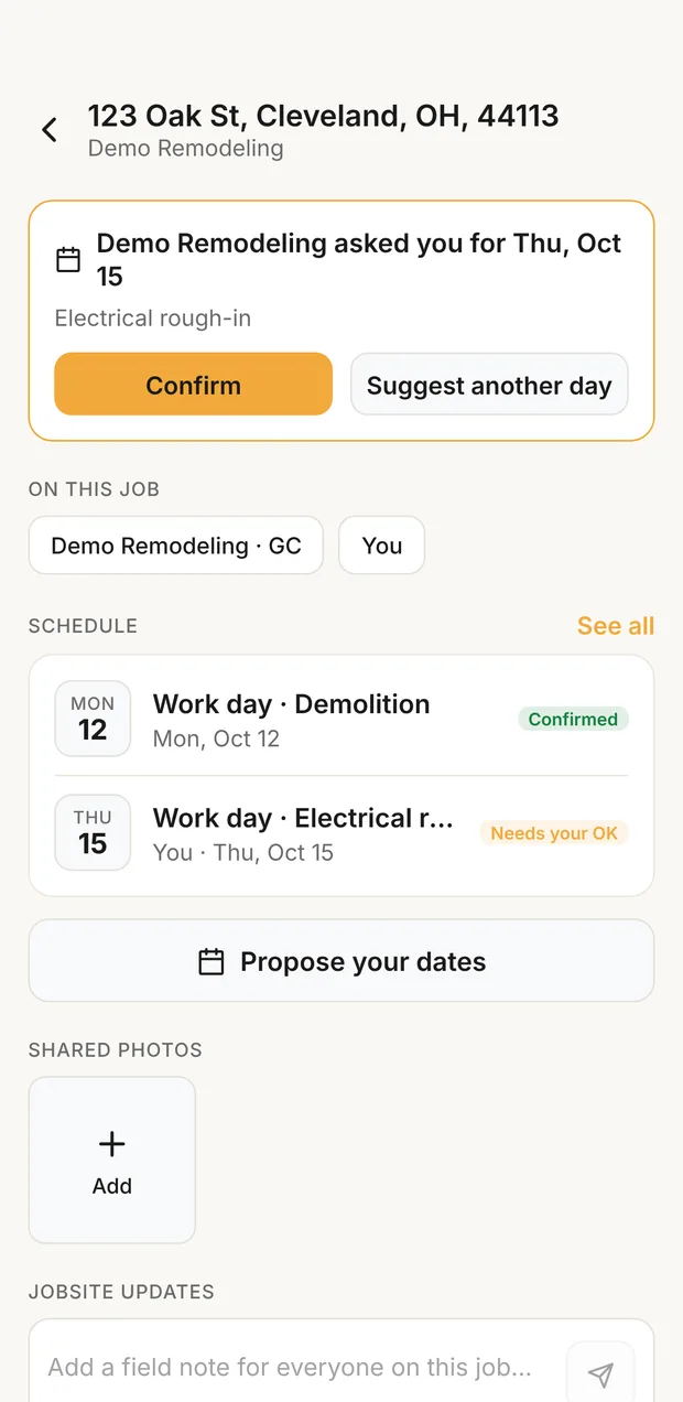 A job as the sub sees it: the contractor's date request, Confirm or Suggest another day