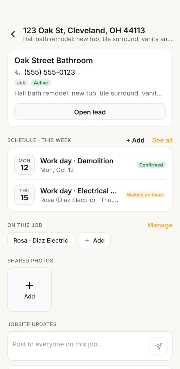 A team job: customer, schedule, crew and shared photos