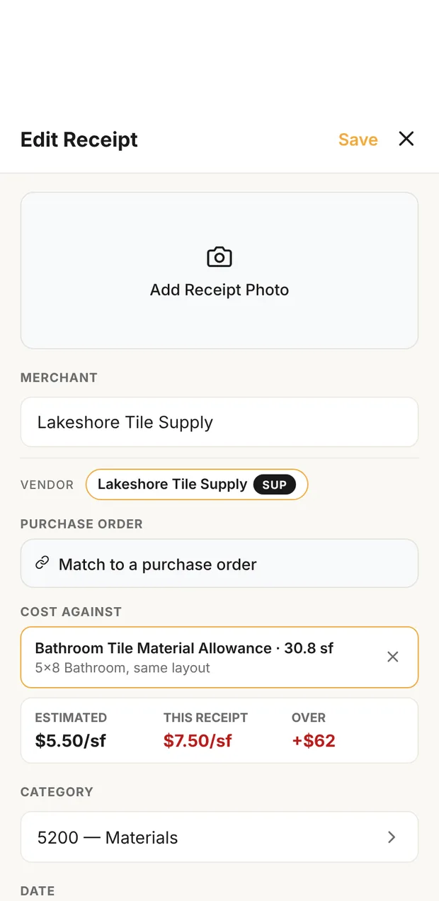 A receipt with Cost against set to an estimate line