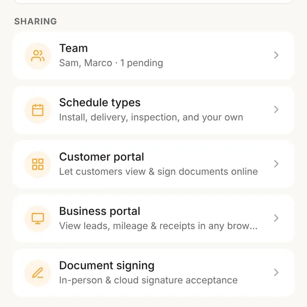 Settings, Sharing with Team and Schedule types