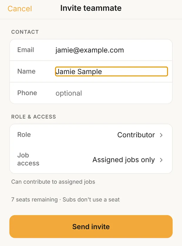 Invite teammate sheet, Role & access with Contributor and Assigned jobs only