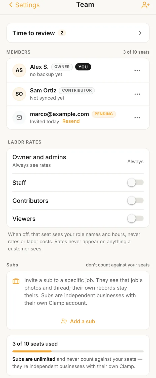 Team, Members with seat count, a pending invite, Subs and the seat meter