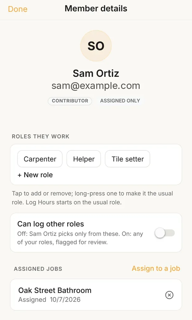 Member details for a contributor, Assigned jobs with Assign to a job