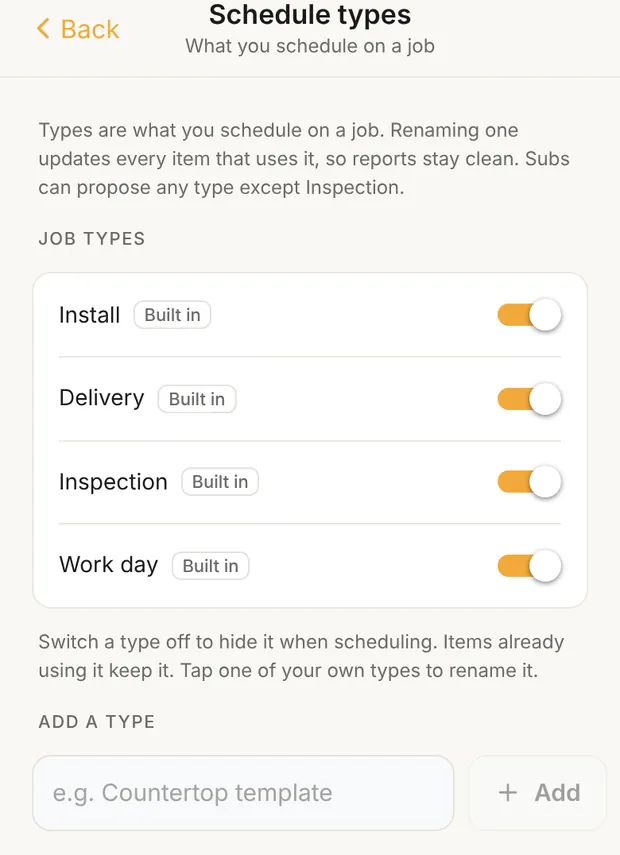 Schedule types: the four built-in types and Add a type