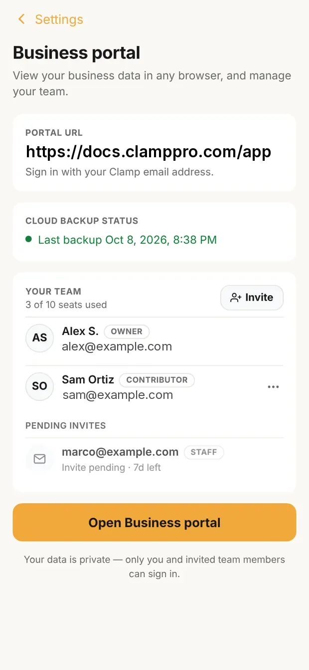 Business Portal, Portal URL, backup status and Your Team