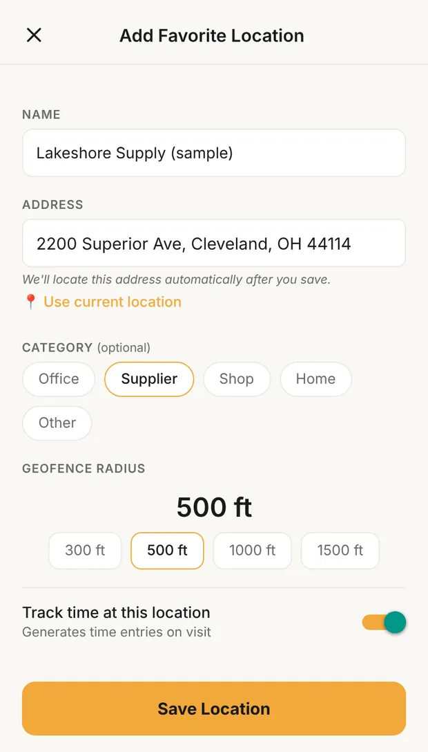 Add Favorite Location for a supply house