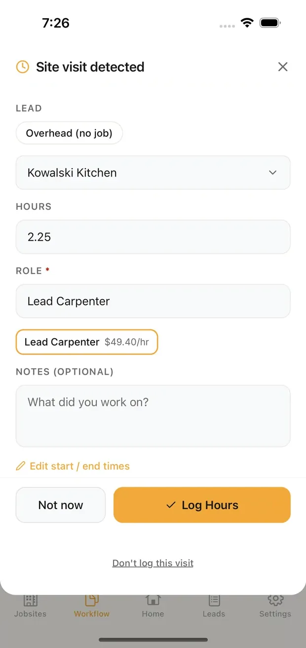 Site visit detected: confirm the job, hours and role, then Log Hours
