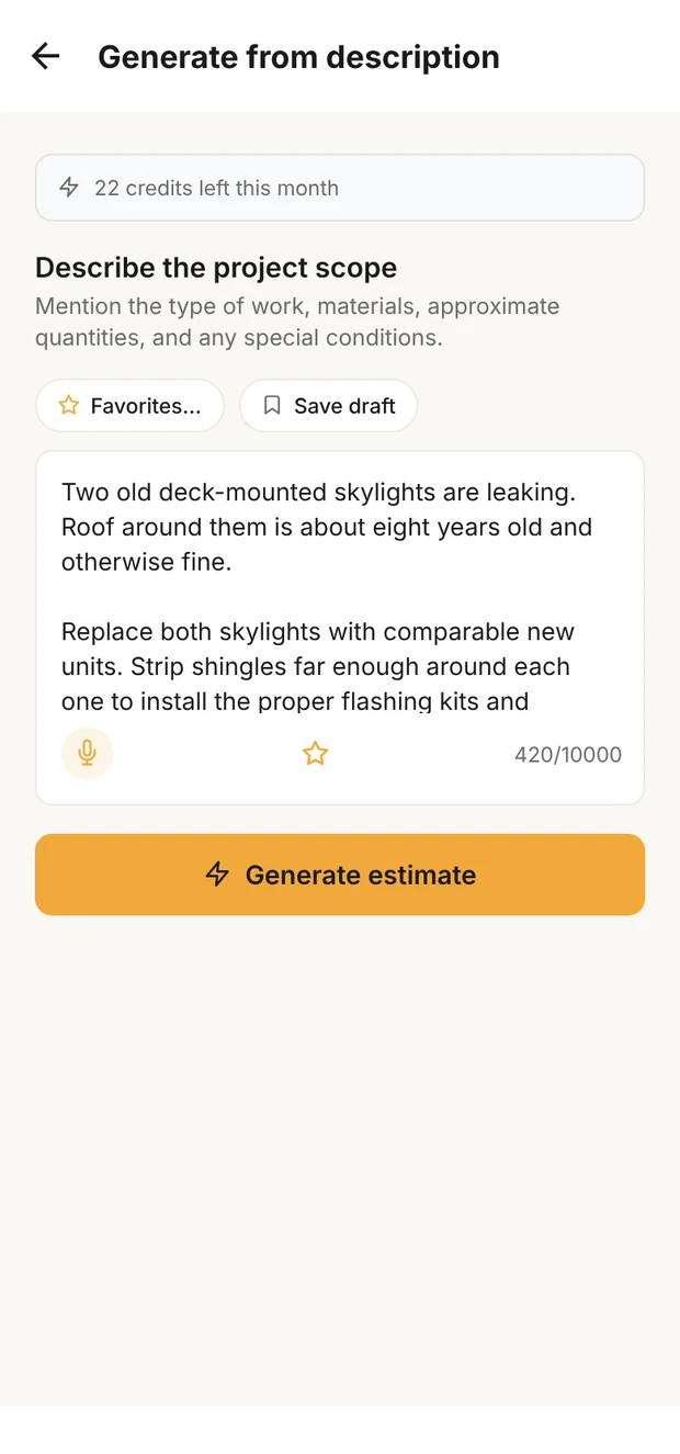 Clamp's Generate from description screen with the skylight replacement described in plain words