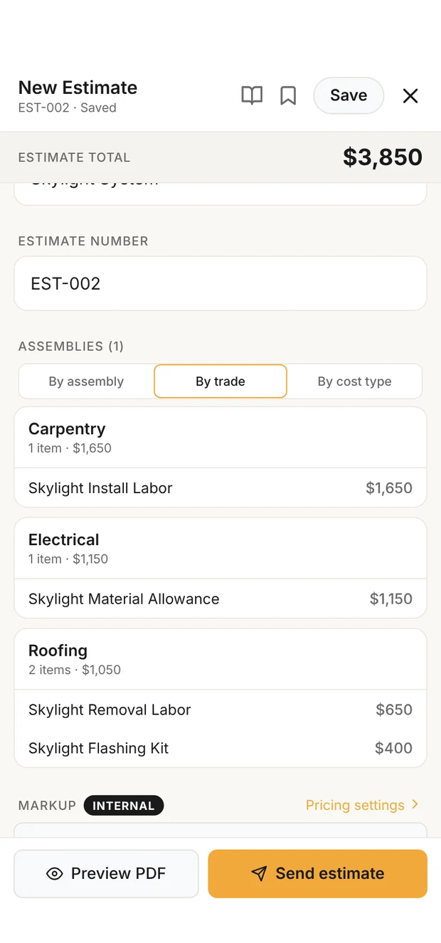 The skylight estimate in Clamp's builder: total $3,850, with the unit allowance, removal and flashing kits