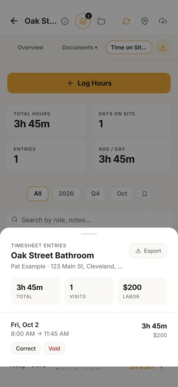 Clamp's timesheet entries for Oak Street Bathroom: 3h 45m total, 1 visit, $200 labor; the entry for Fri, Oct 2, 8:00 AM to 11:45 AM, 3h 45m, $200, with Correct and Void