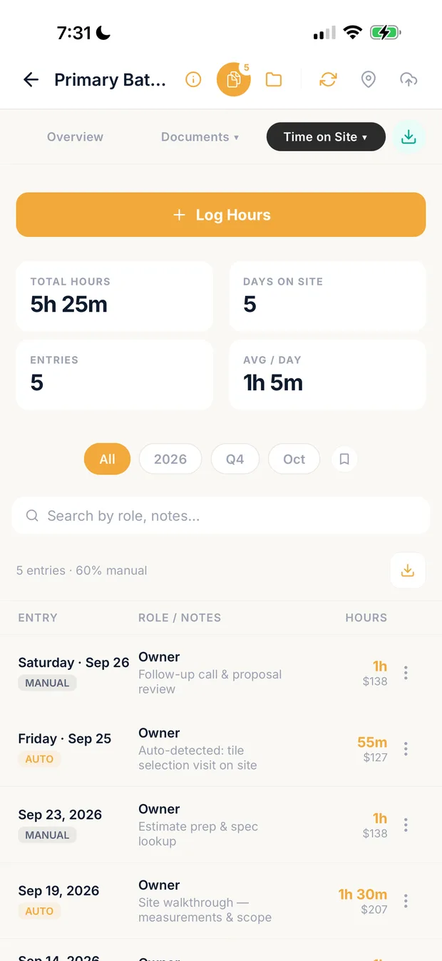 Time on site for a bathroom remodel: total hours, days on site, and manual and auto-detected entries