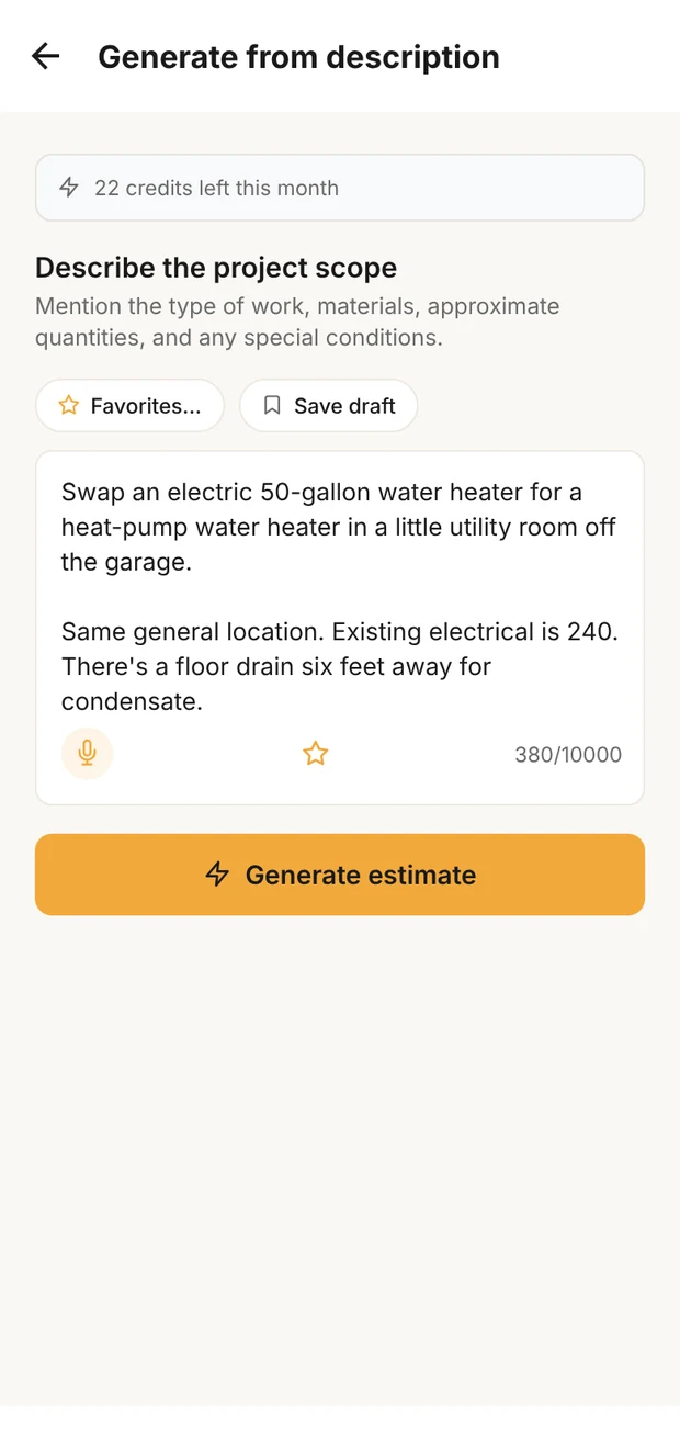 Clamp's Generate from description screen with the water heater swap described in plain words