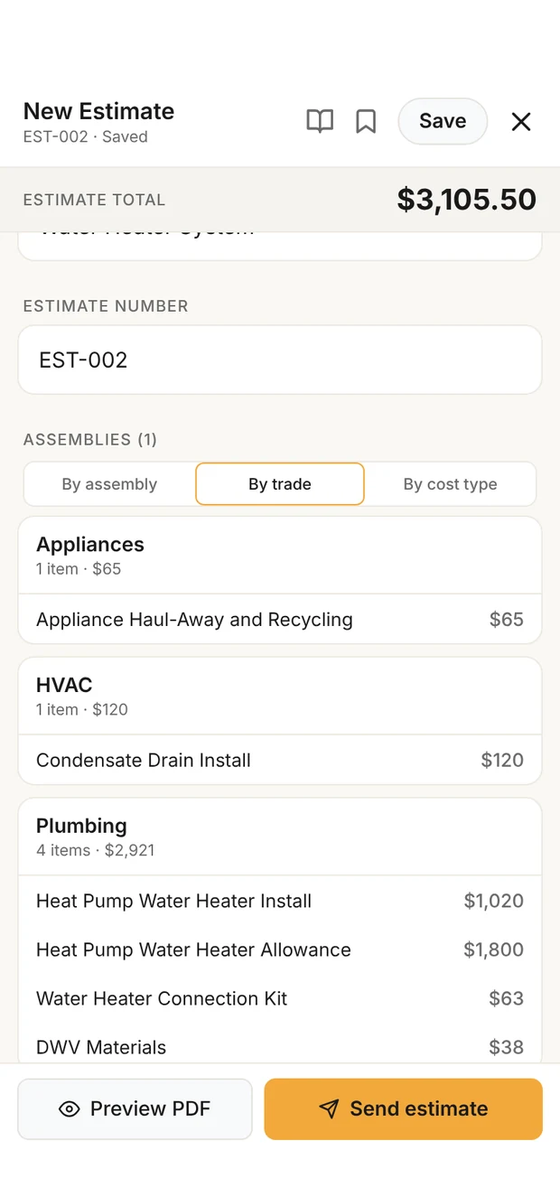 The water heater estimate in Clamp's builder: total $3,105.50, grouped into appliances, HVAC and plumbing