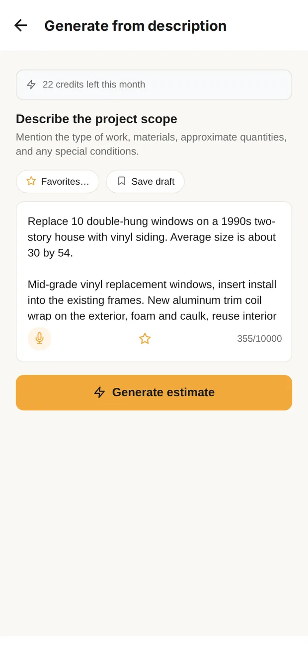 Clamp's Generate from description screen with the ten-window replacement described in plain words