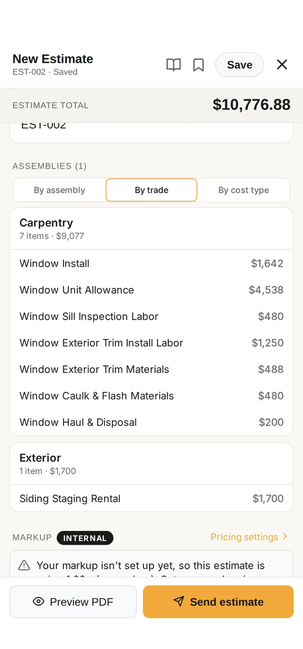 The estimate for the ten-window replacement in Clamp's builder: total $10,776.88, grouped into carpentry and exterior